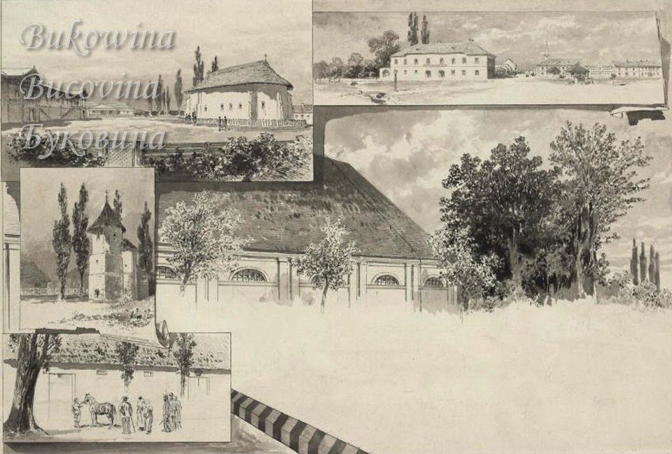 Drawn montage: a church with a steep shingled roof, a long building with arched windows, a tower, and men leading a horse