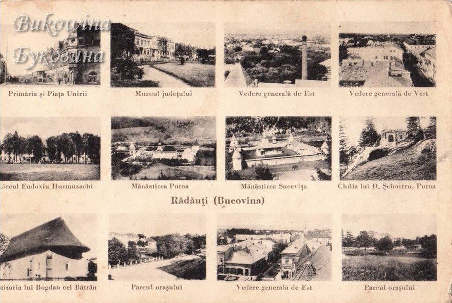Grid of twelve small photos: town hall, museum, high school, town park, rooftop views and the Putna and Suceviţa monasteries