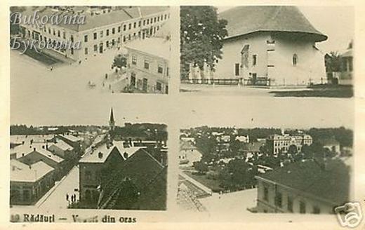 Four photos: a large building on a square, an old church with a heavy round roof, and two rooftop views with a church spire