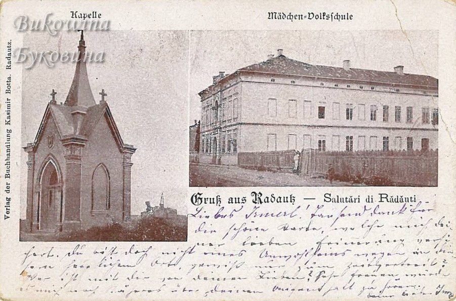 A small Gothic-style chapel with a pointed spire, and a long two-storey school behind a wooden fence; handwritten message