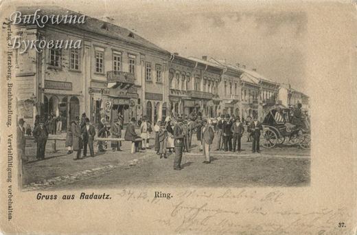 Crowd of men in hats and peasants in front of two-storey shops on the square, a horse carriage at right