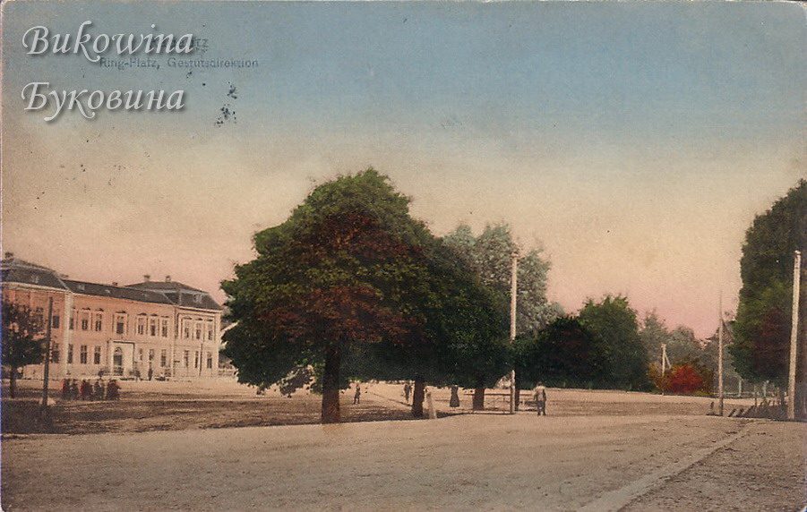 Tinted view of a broad square with large trees and a long pink two-storey building at left