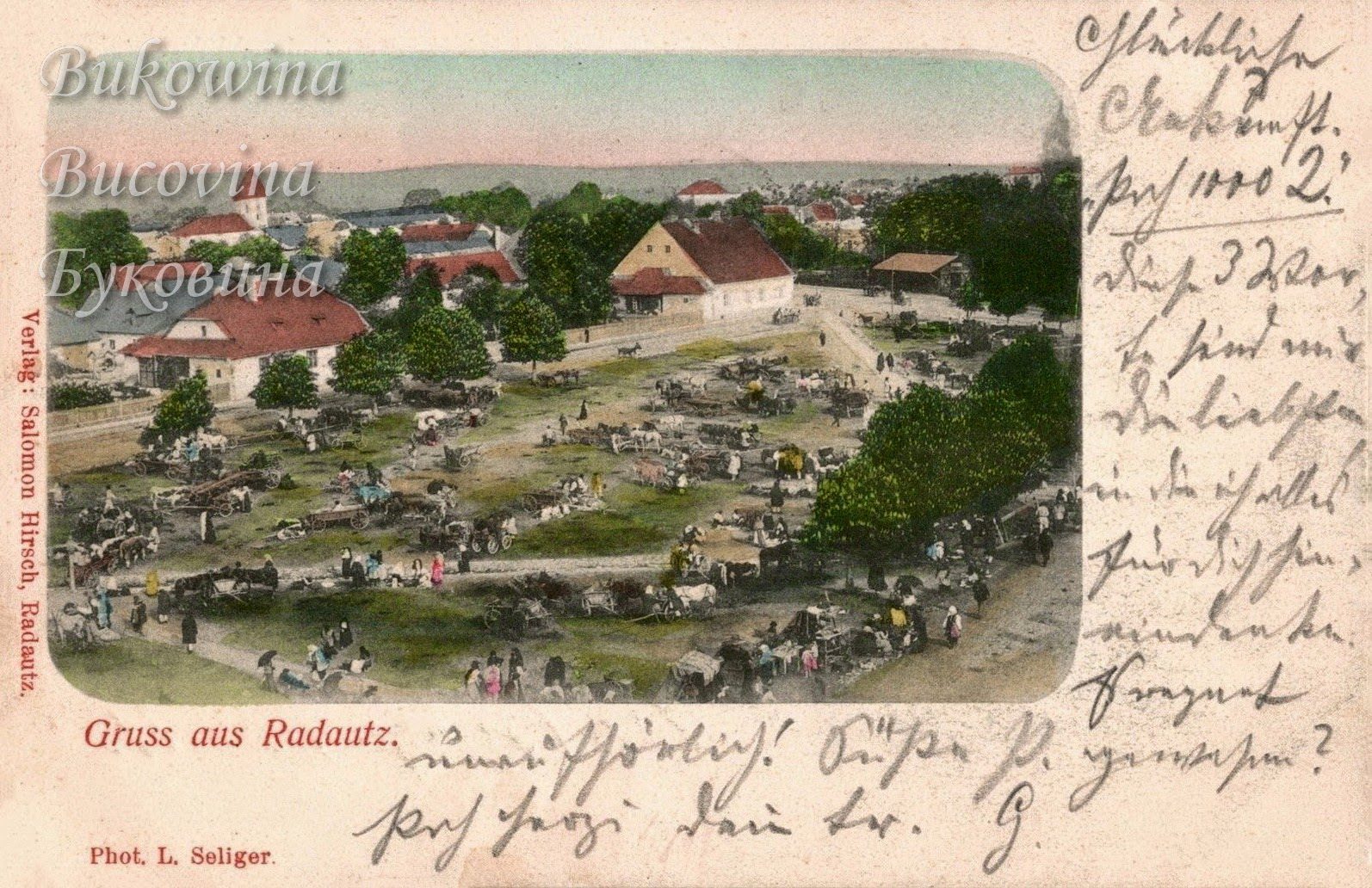 Coloured bird's-eye view of a large open market ground full of carts and horses, ringed by red-roofed houses
