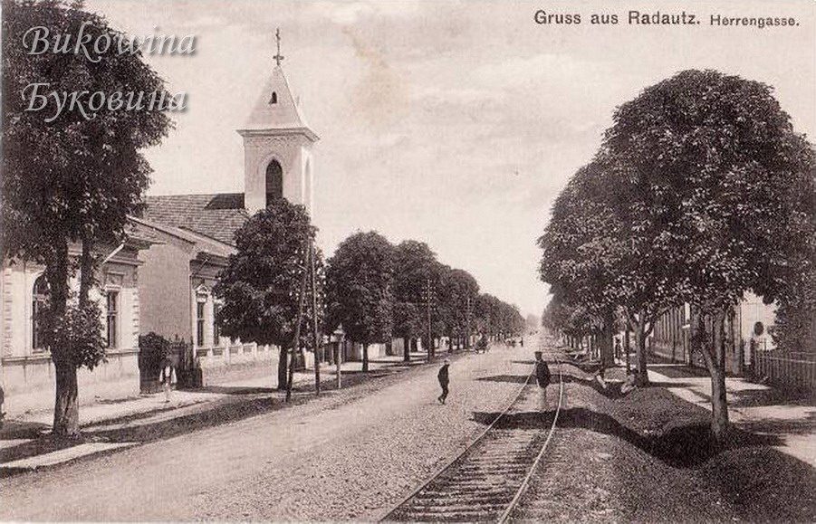 Tree-lined street with a railway track along it, a white church tower at left and a few pedestrians