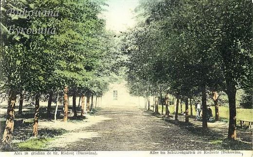 Coloured view of a shady avenue lined with trees leading to a pale building, two people seated at the right