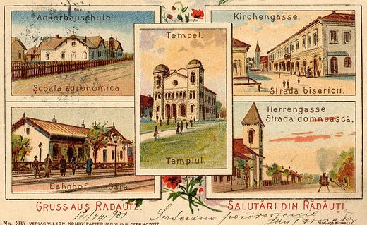 Postcard “Gruss aus Radautz” with views of the Temple and the streets