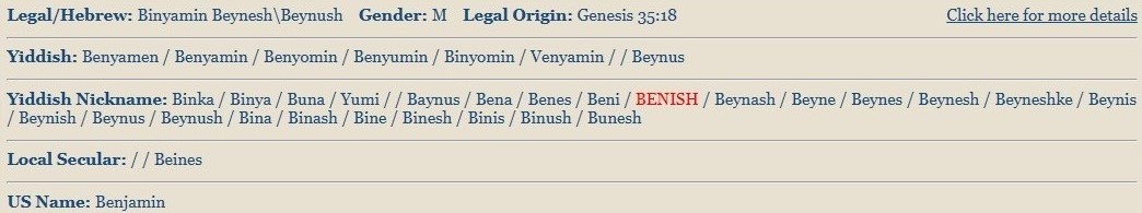 Benjamin Benish Name Equivalent