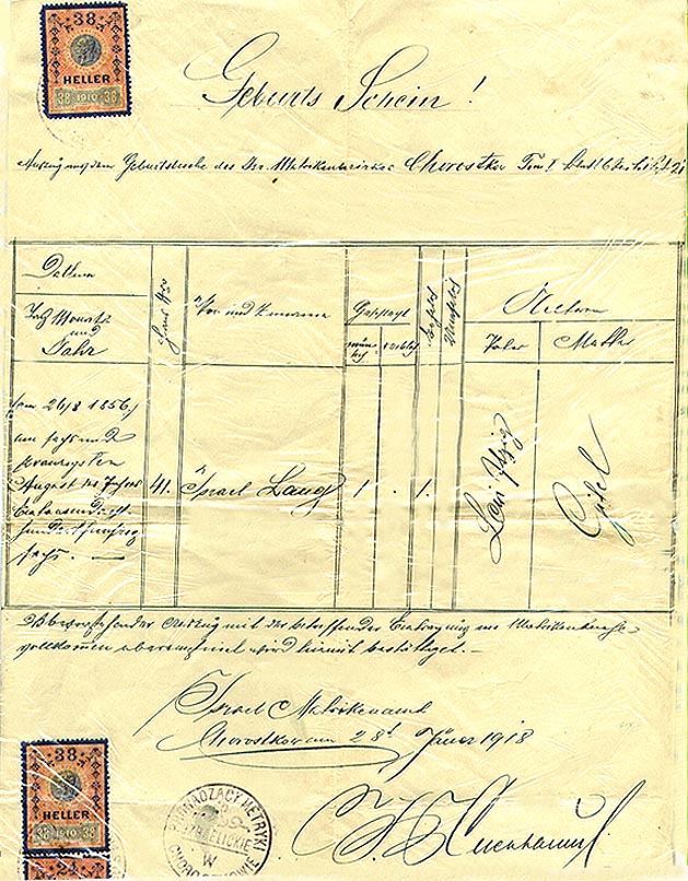 1856 Birth Certificate of Israel Lang