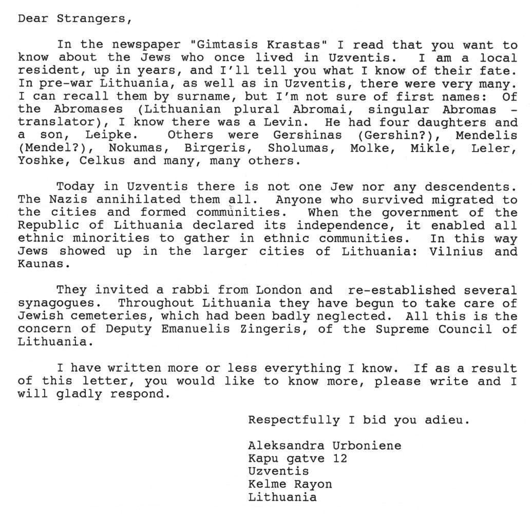 1992 Letter from Uzventis